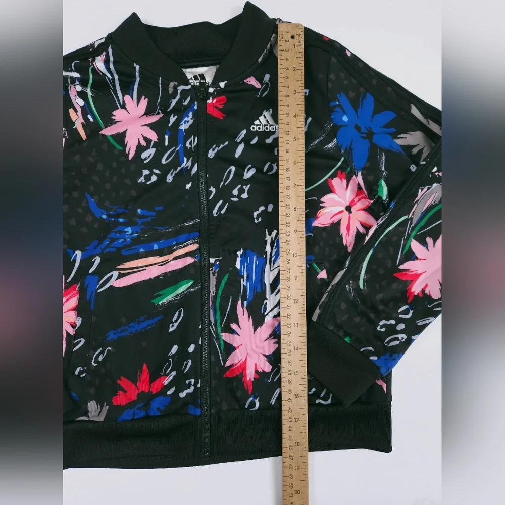 Adidas Girls Black Pink Spring Floral Tricot Tropical Track Jacket Size 10-12
